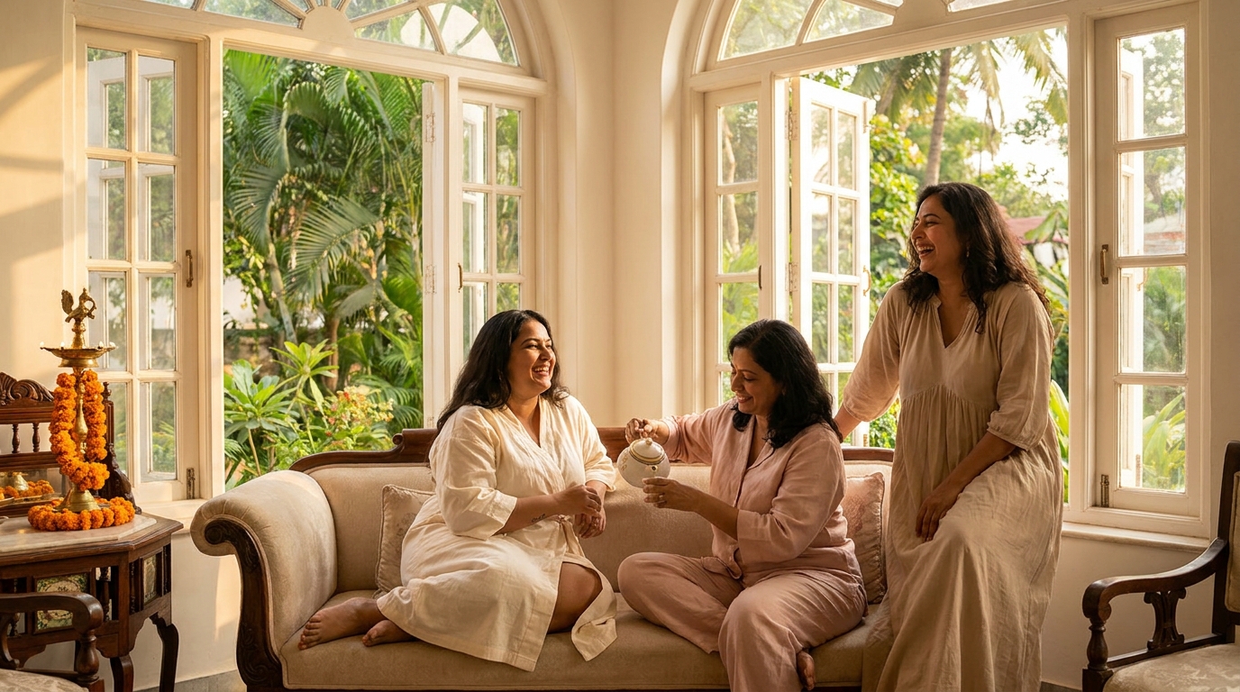 Three Indian women relaxing together in warm natural light