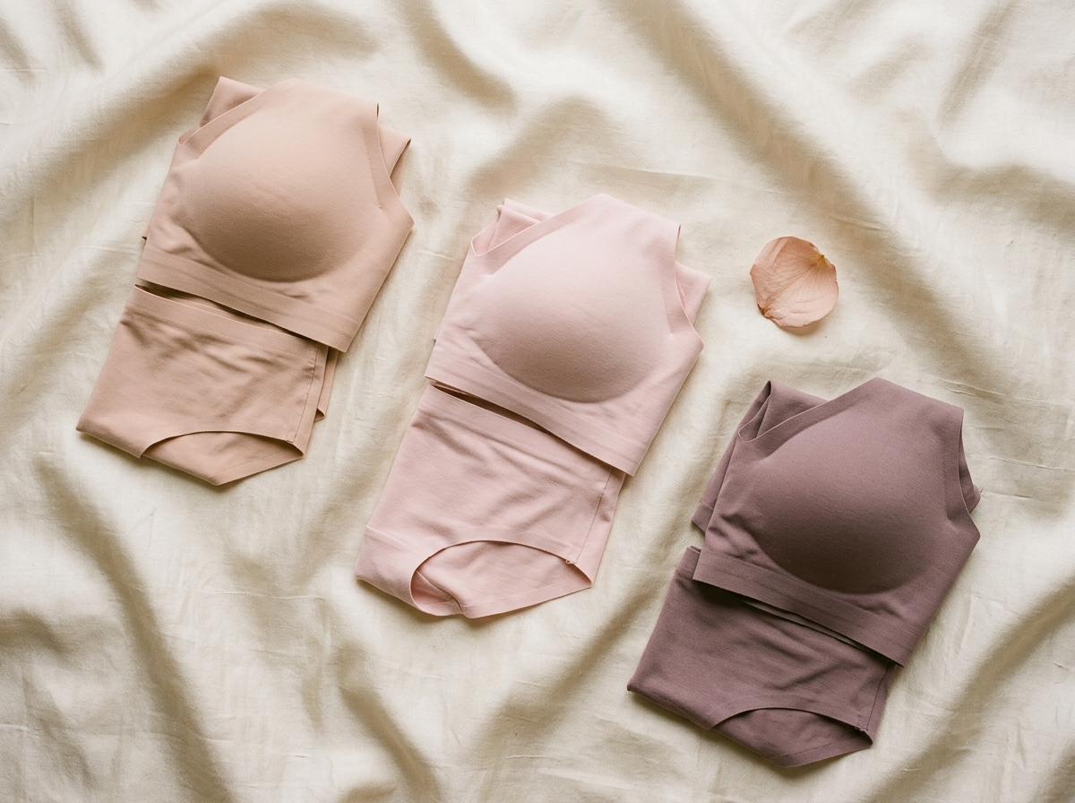 Three soft-toned innerwear sets arranged on cream silk fabric