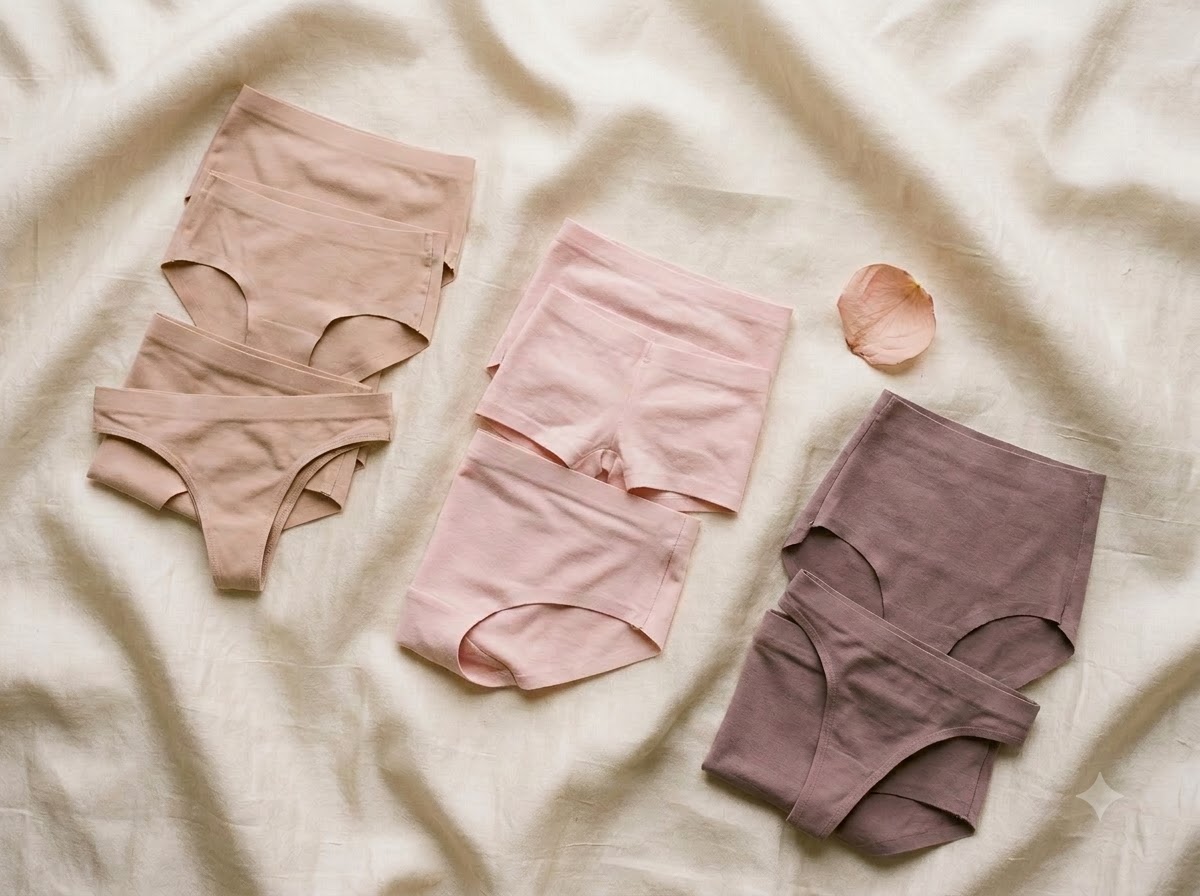 Three soft-toned innerwear sets arranged on cream silk fabric